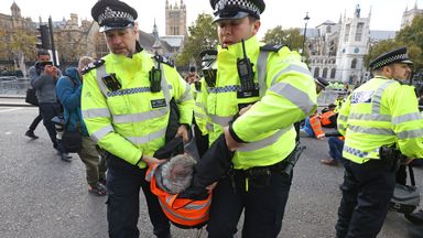 A police officers remove a protester from Insulate Britain as they block the road in Parliament Square, central London. Picture date: Thursday November 4, 2021.  